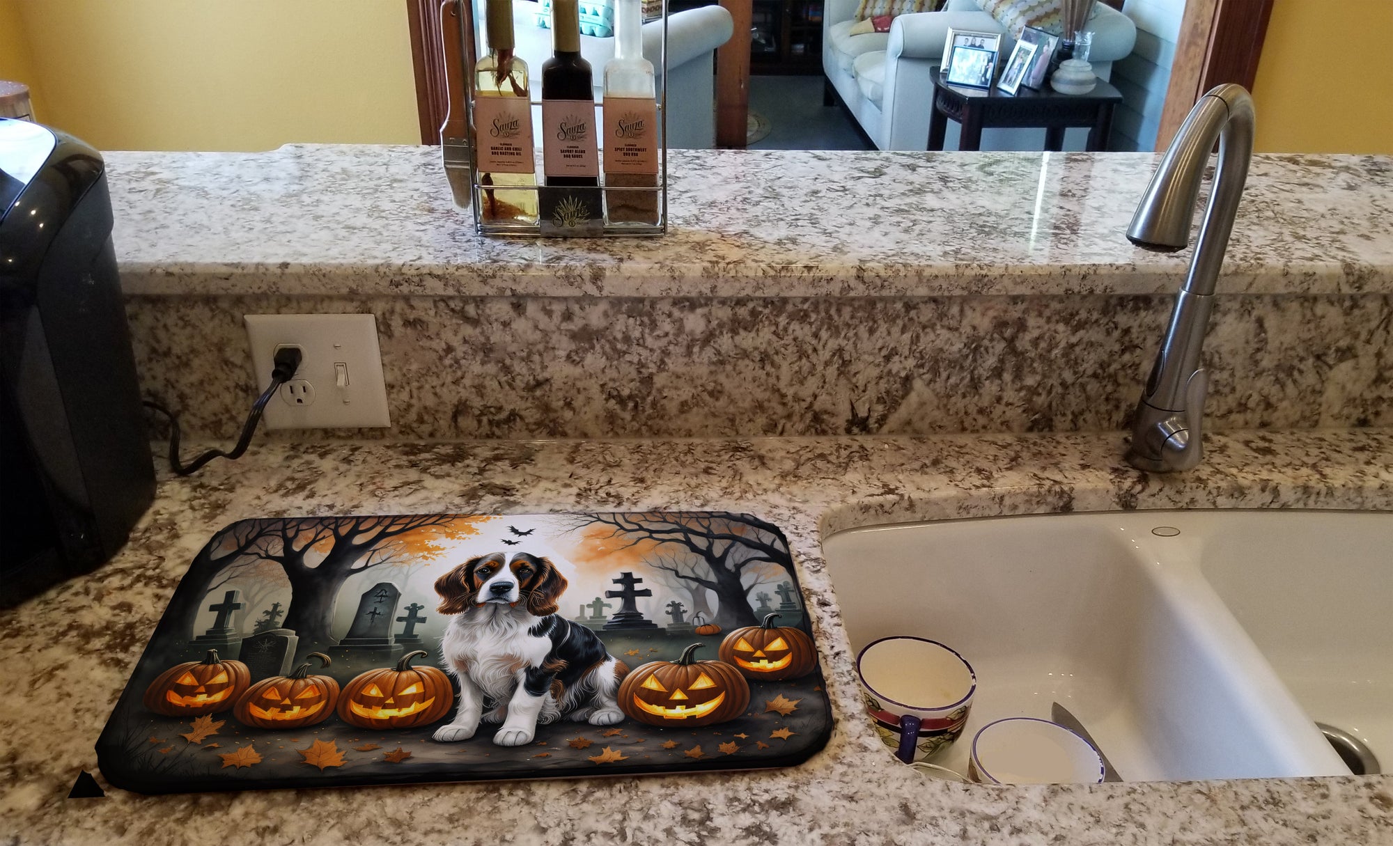 Welsh Springer Spaniel Spooky Halloween Dish Drying Mat
