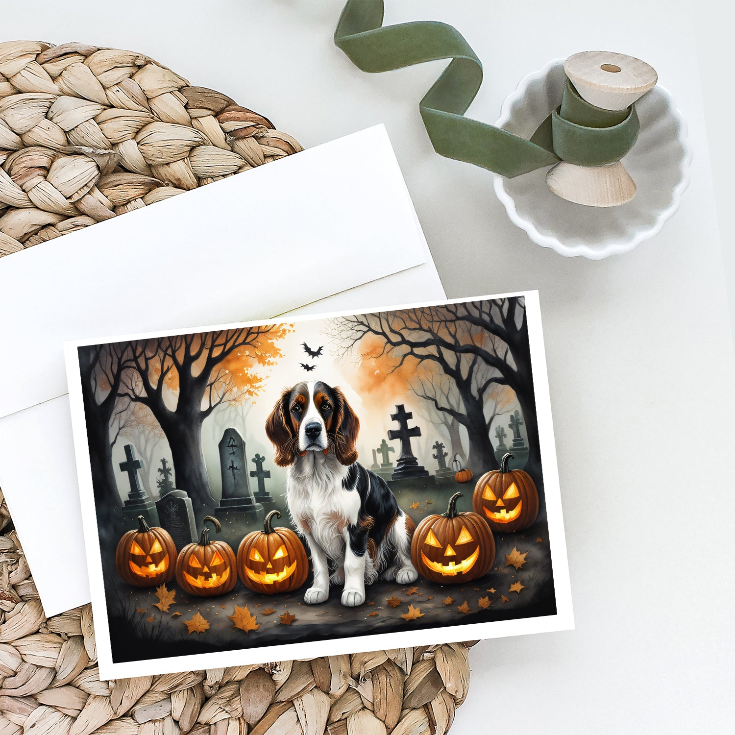 Welsh Springer Spaniel Spooky Halloween Greeting Cards and Envelopes Pack of 8