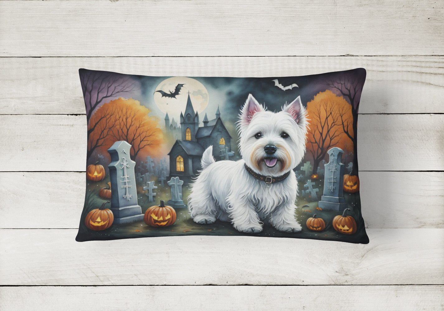 Westie Spooky Halloween Fabric Decorative Pillow