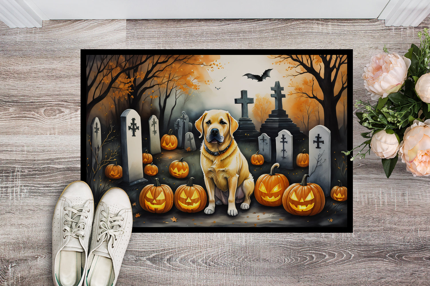 Yellow Labrador Retriever Spooky Halloween Indoor or Outdoor Mat 24x36