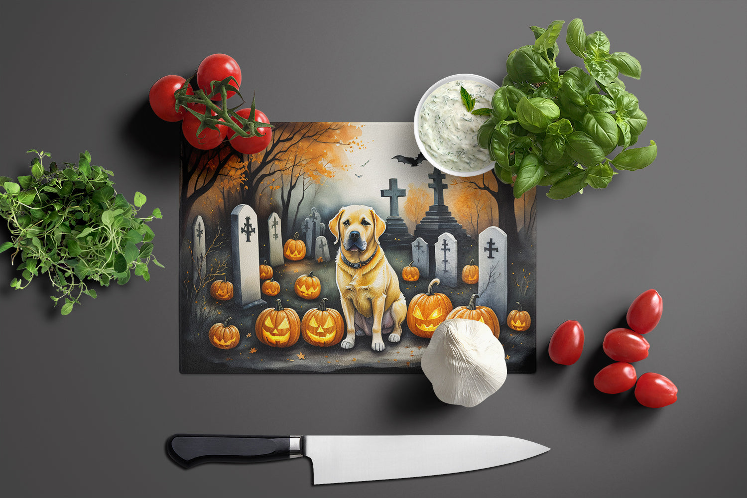 Yellow Labrador Retriever Spooky Halloween Glass Cutting Board Large