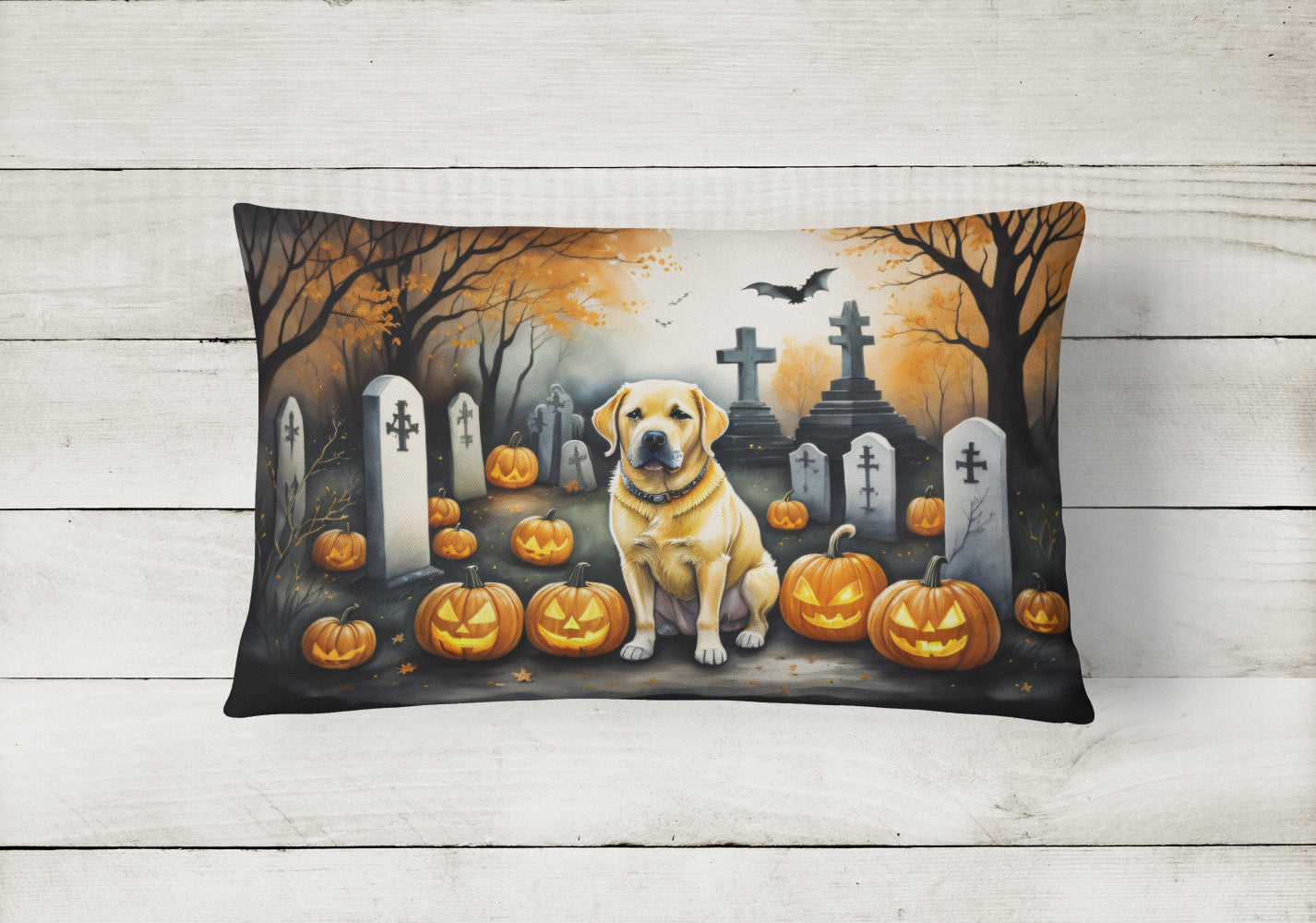 Yellow Labrador Retriever Spooky Halloween Fabric Decorative Pillow