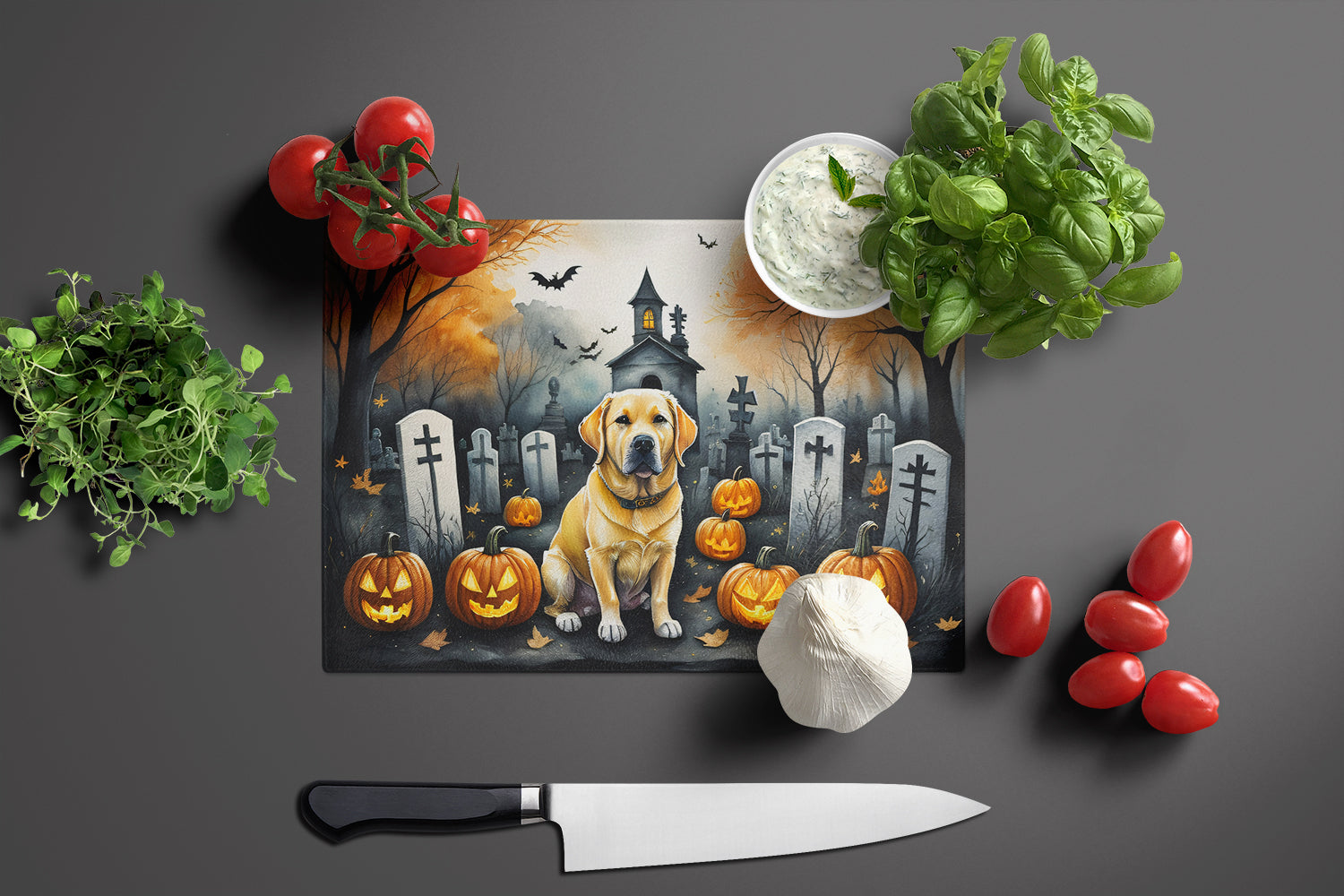 Yellow Labrador Retriever Spooky Halloween Glass Cutting Board Large