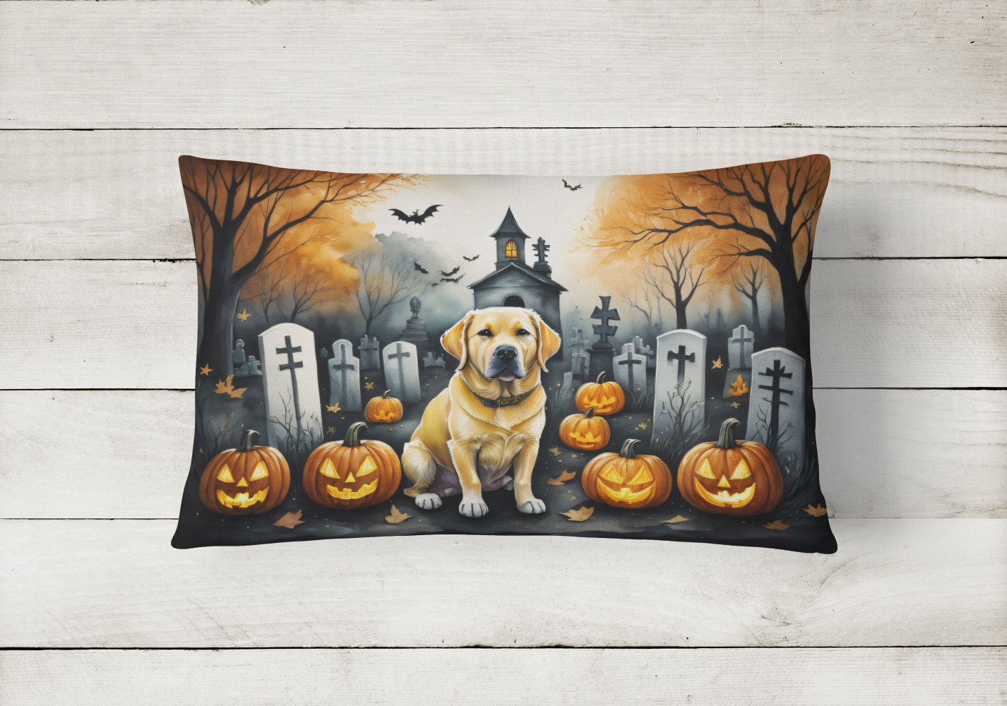 Yellow Labrador Retriever Spooky Halloween Fabric Decorative Pillow