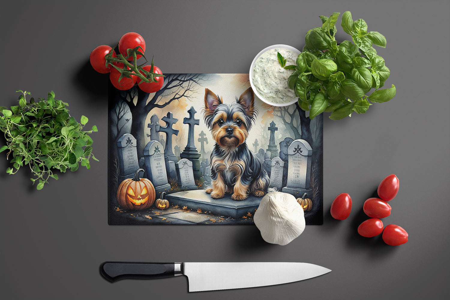 Yorkshire Terrier Spooky Halloween Glass Cutting Board Large
