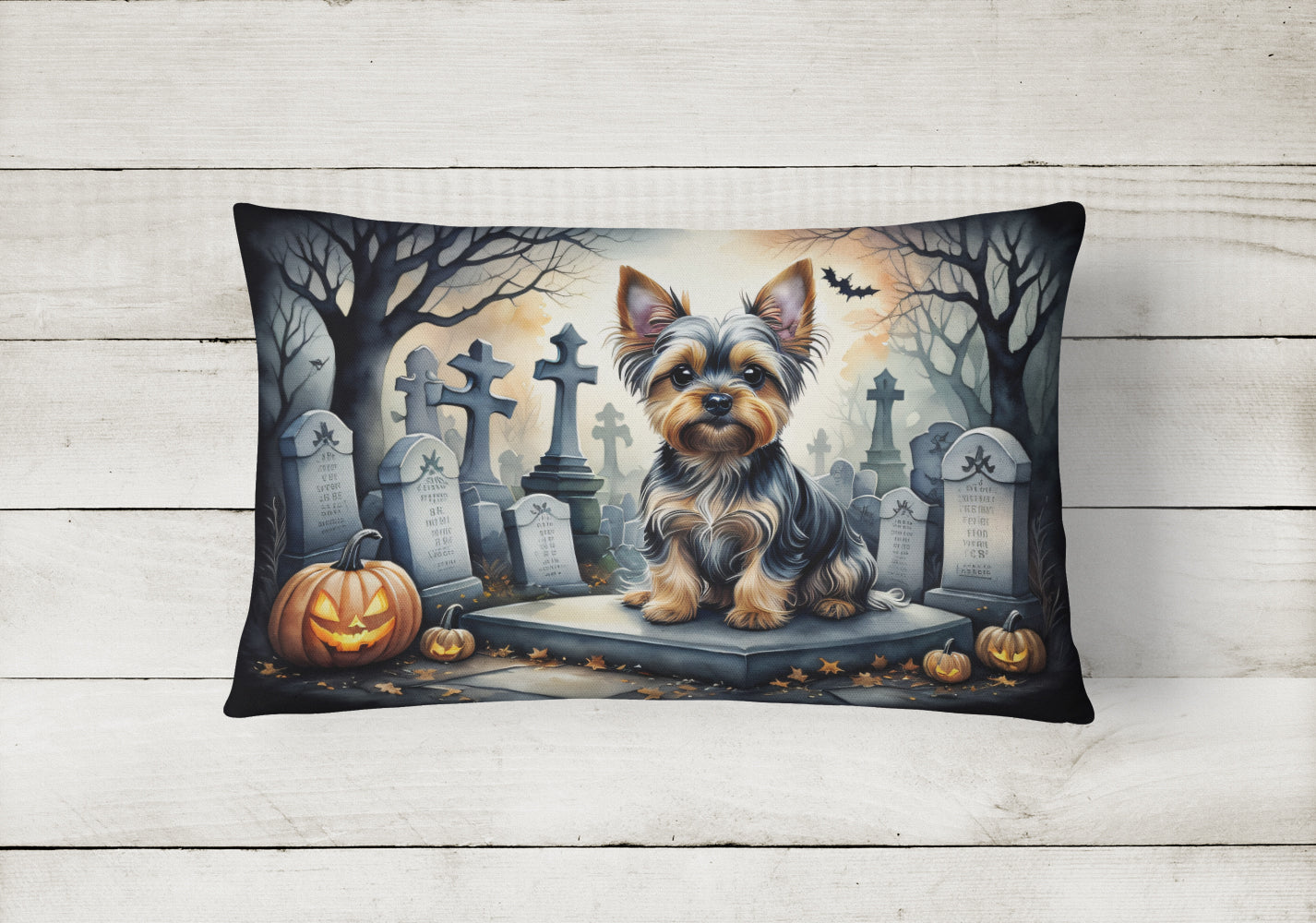 Yorkshire Terrier Spooky Halloween Fabric Decorative Pillow