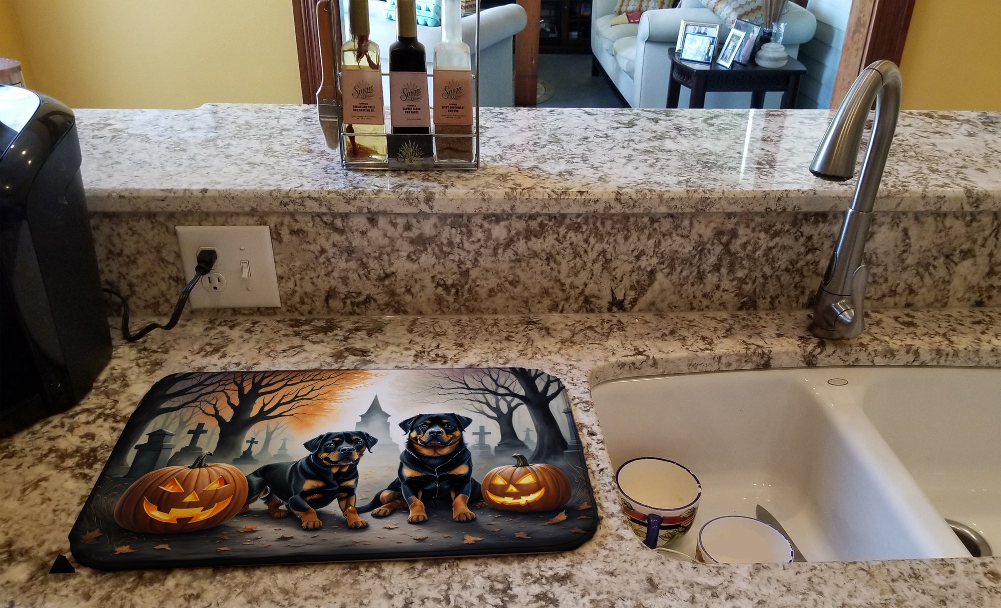Rottweiler Spooky Halloween Dish Drying Mat