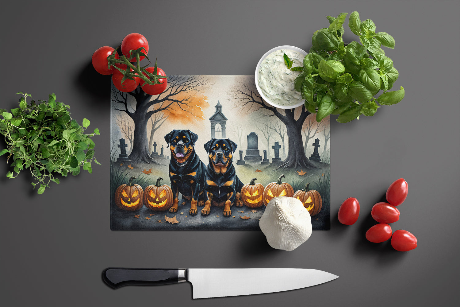 Rottweiler Spooky Halloween Glass Cutting Board Large