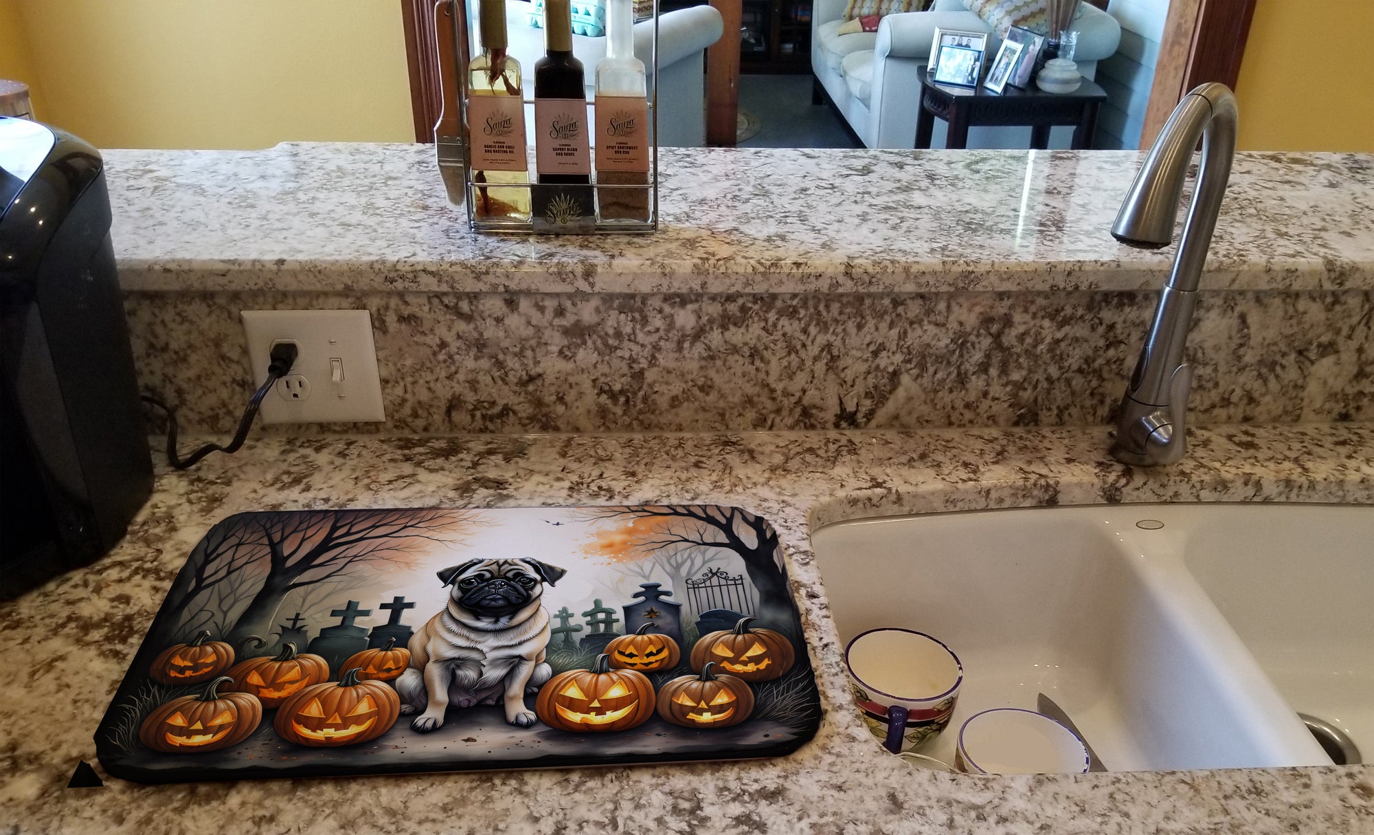 Fawn Pug Spooky Halloween Dish Drying Mat
