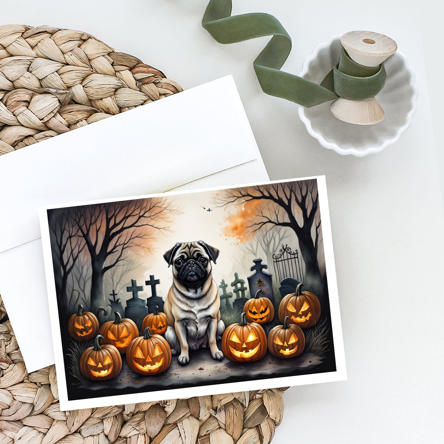 Fawn Pug Spooky Halloween Greeting Cards and Envelopes Pack of 8