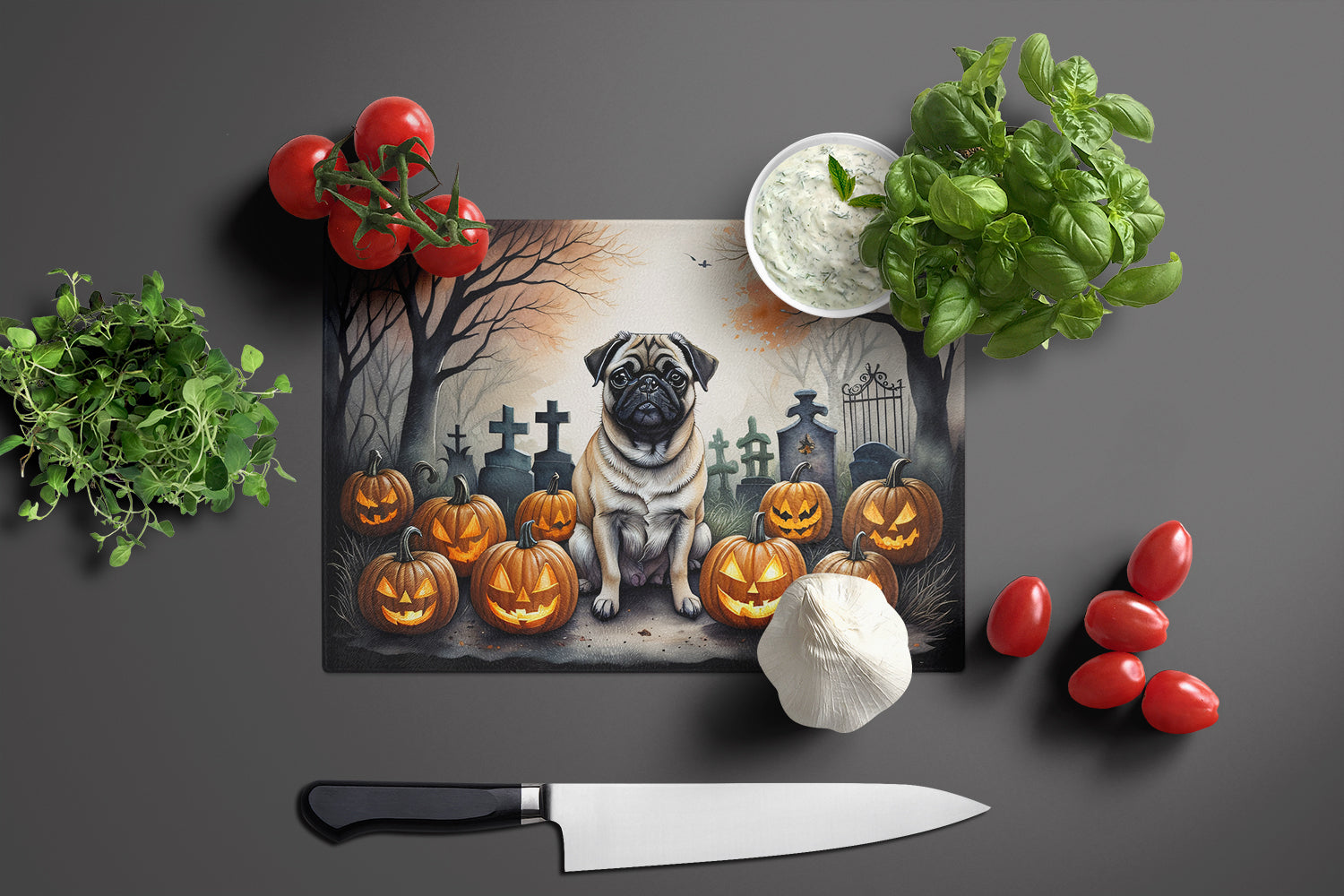 Fawn Pug Spooky Halloween Glass Cutting Board Large