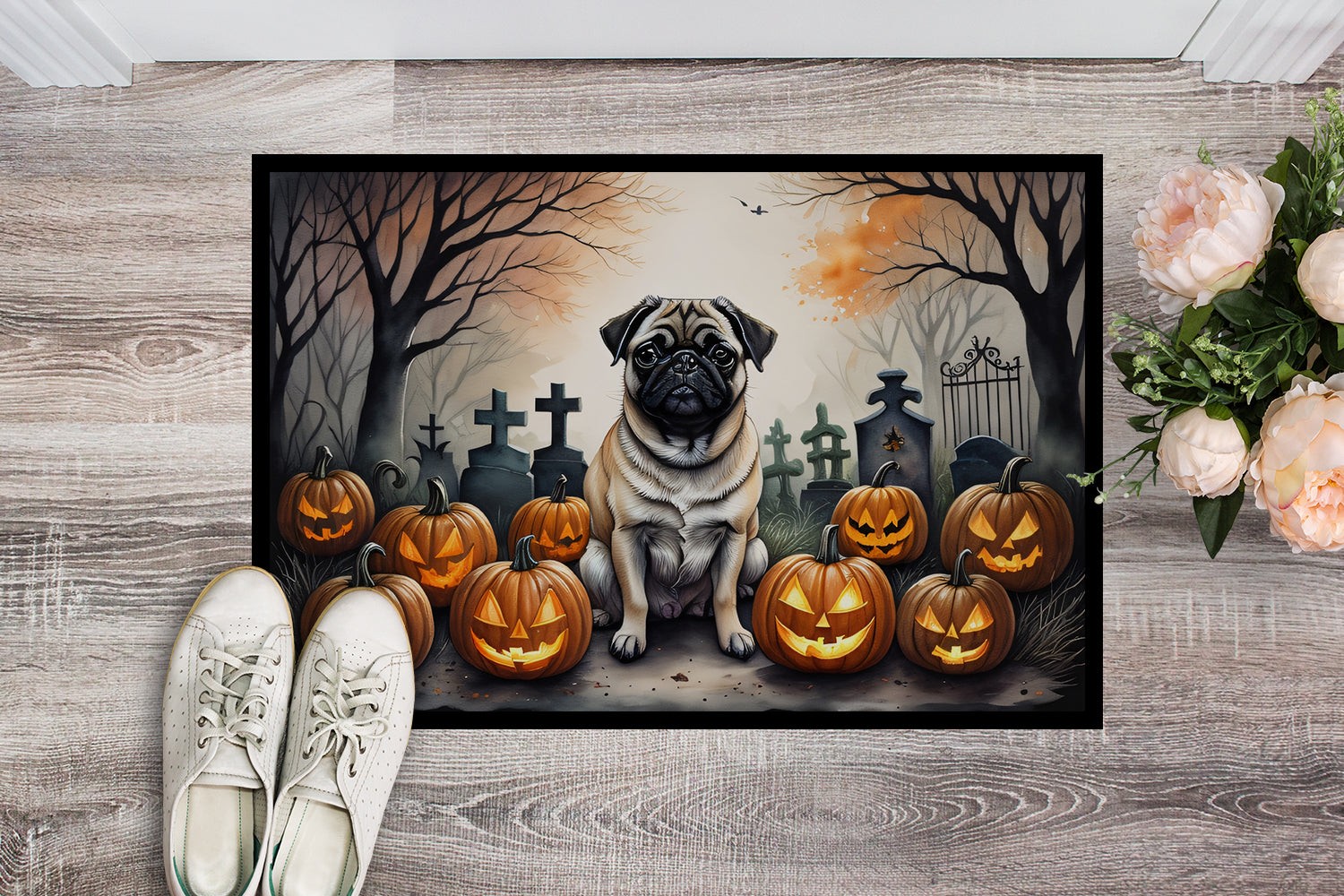Fawn Pug Spooky Halloween Doormat 18x27