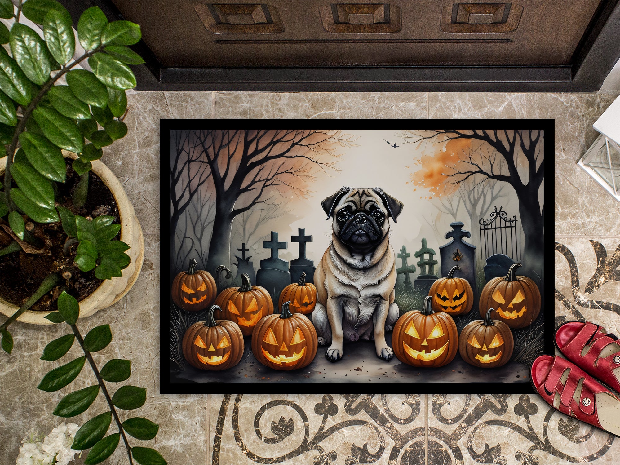 Fawn Pug Spooky Halloween Doormat 18x27