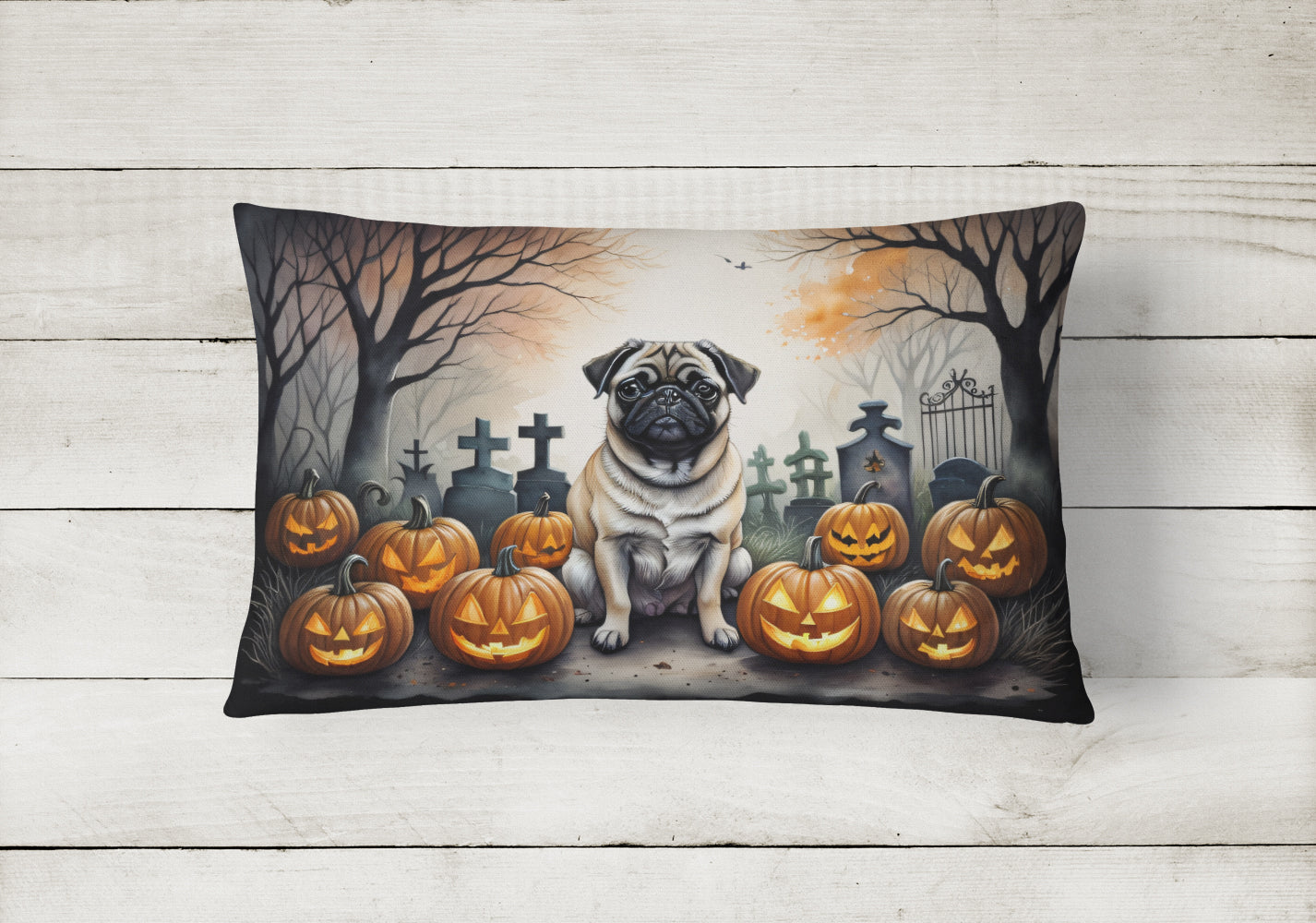 Fawn Pug Spooky Halloween Fabric Decorative Pillow