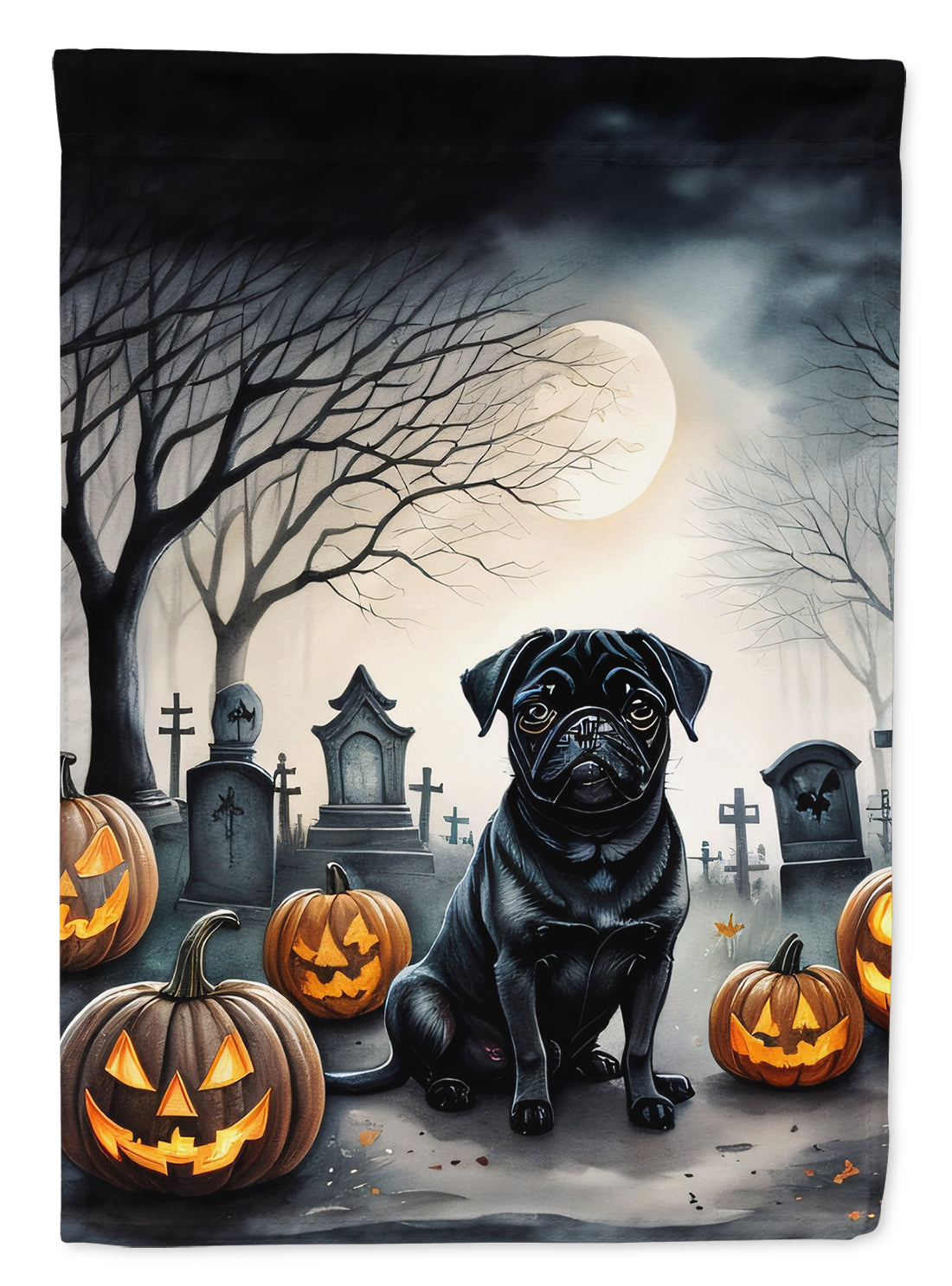 Buy this Black Pug Spooky Halloween House Flag