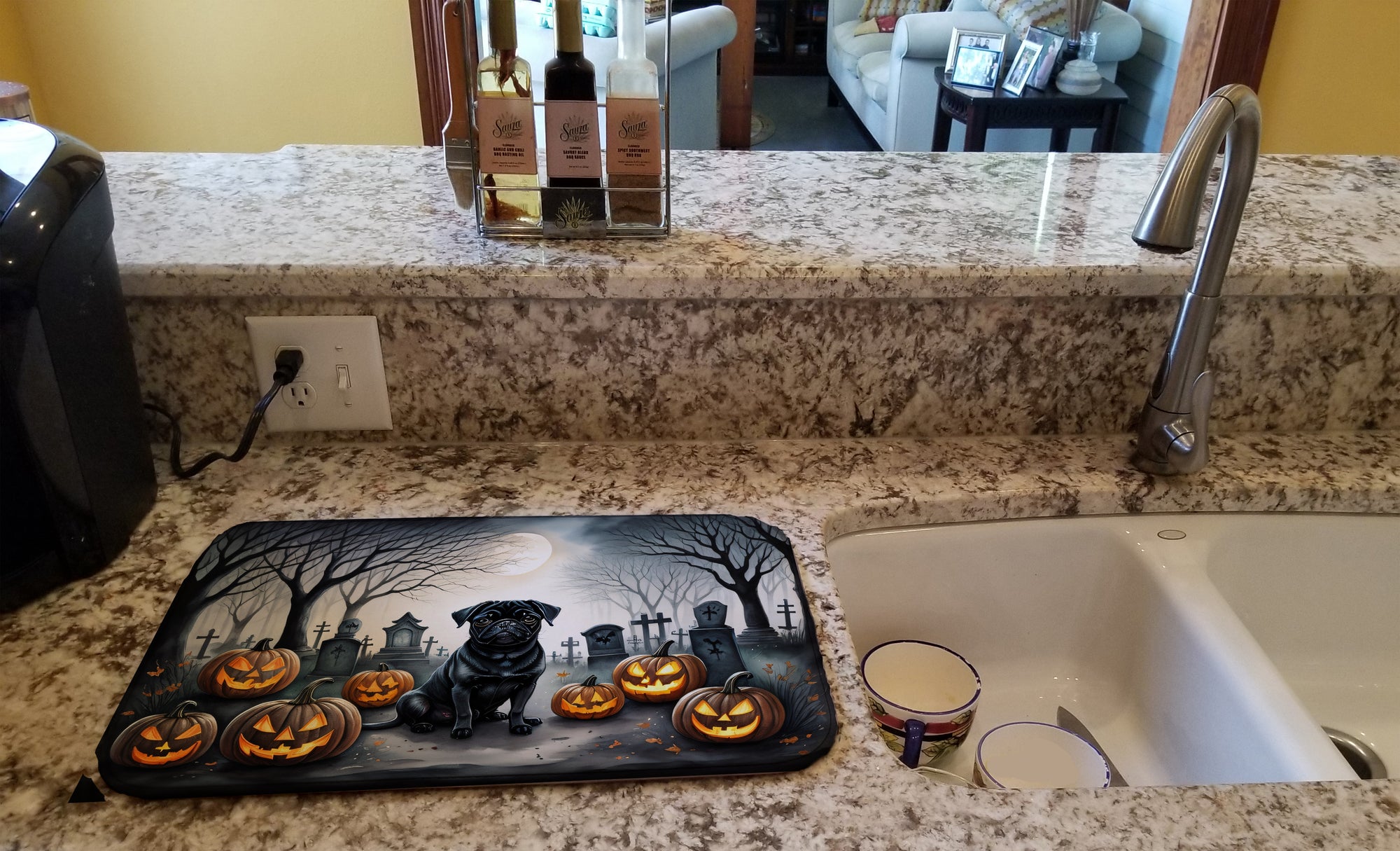 Black Pug Spooky Halloween Dish Drying Mat