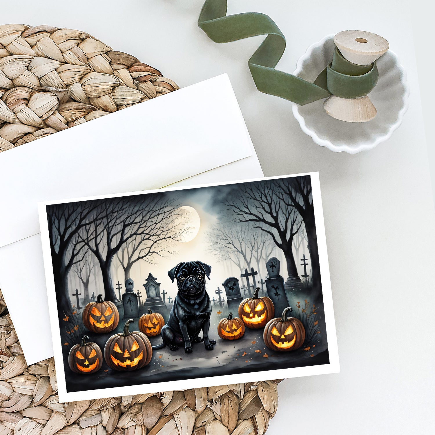Black Pug Spooky Halloween Greeting Cards and Envelopes Pack of 8
