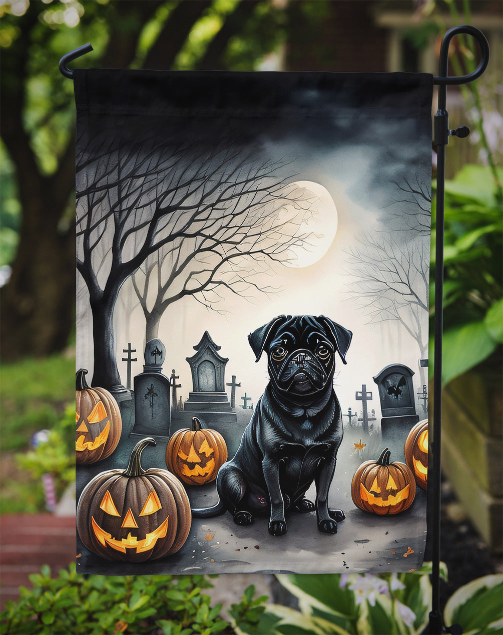 Black Pug Spooky Halloween Garden Flag