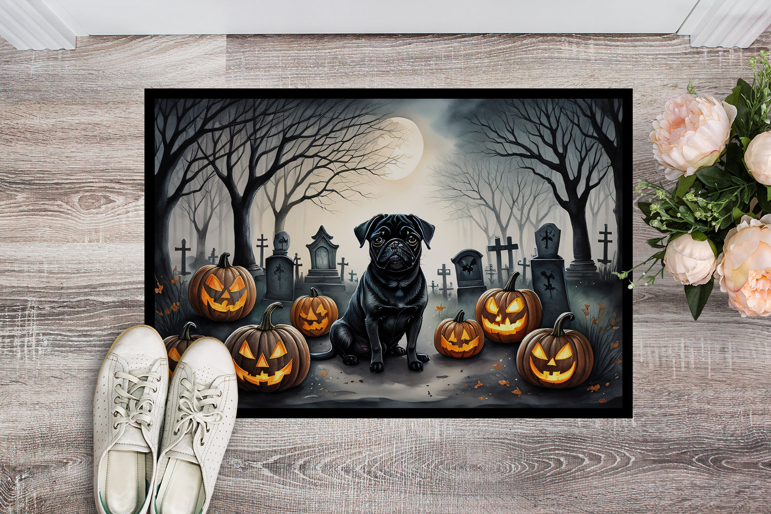 Black Pug Spooky Halloween Indoor or Outdoor Mat 24x36