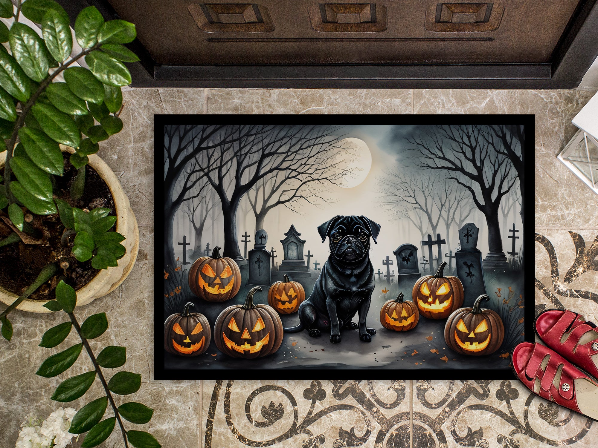 Black Pug Spooky Halloween Indoor or Outdoor Mat 24x36