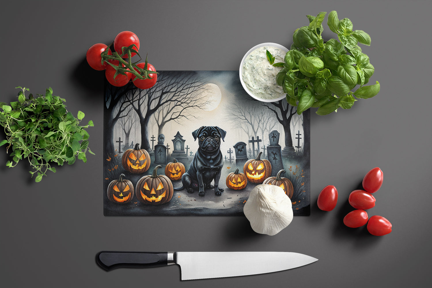 Black Pug Spooky Halloween Glass Cutting Board Large