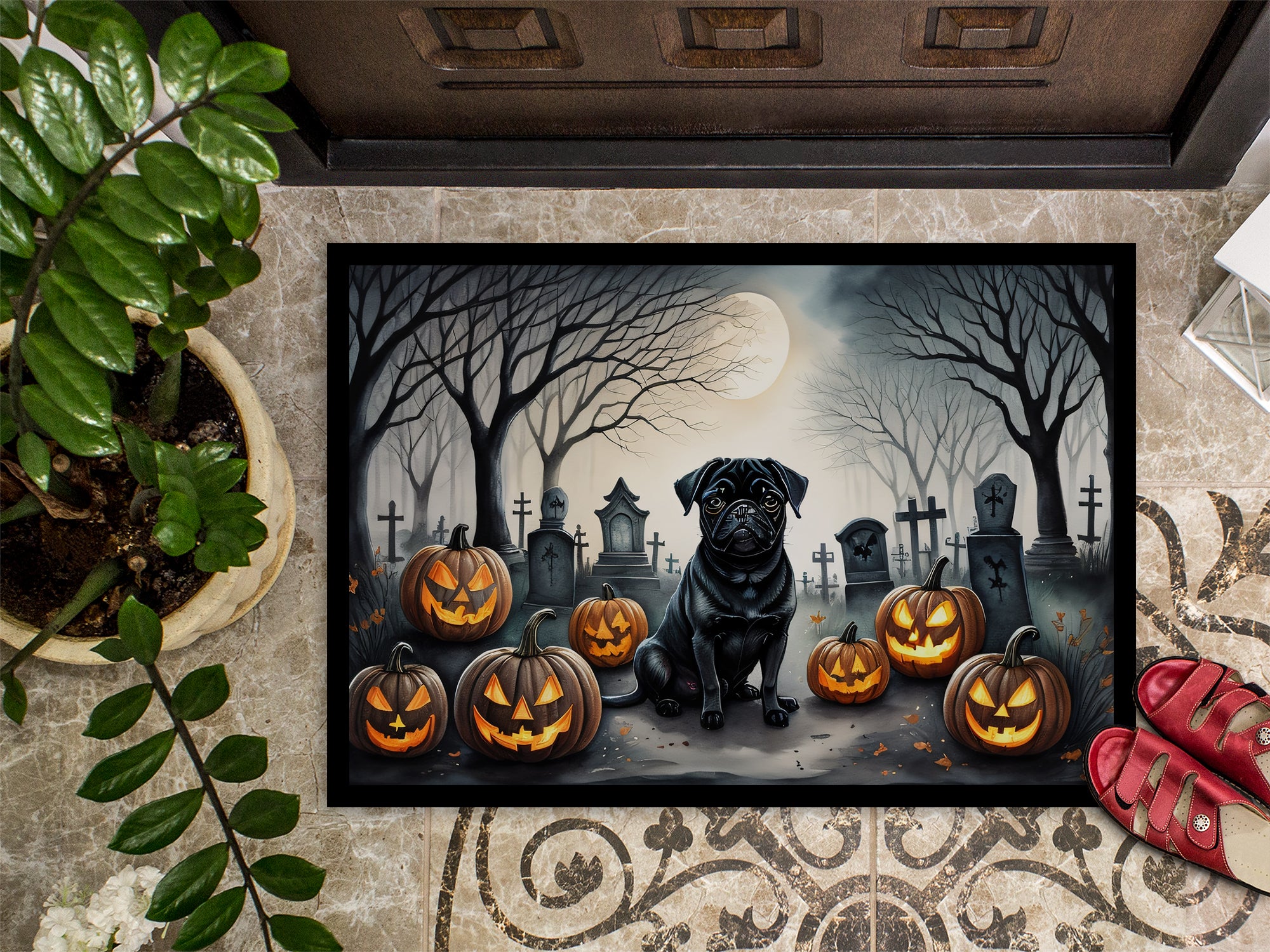 Black Pug Spooky Halloween Doormat 18x27