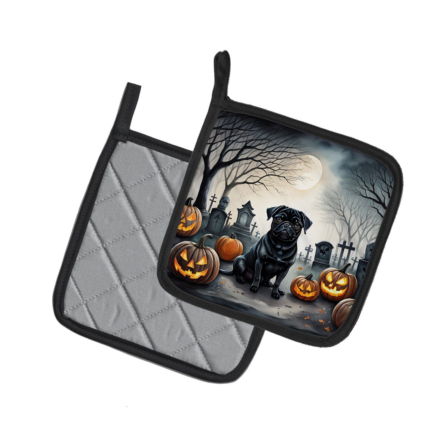 Black Pug Spooky Halloween Pair of Pot Holders