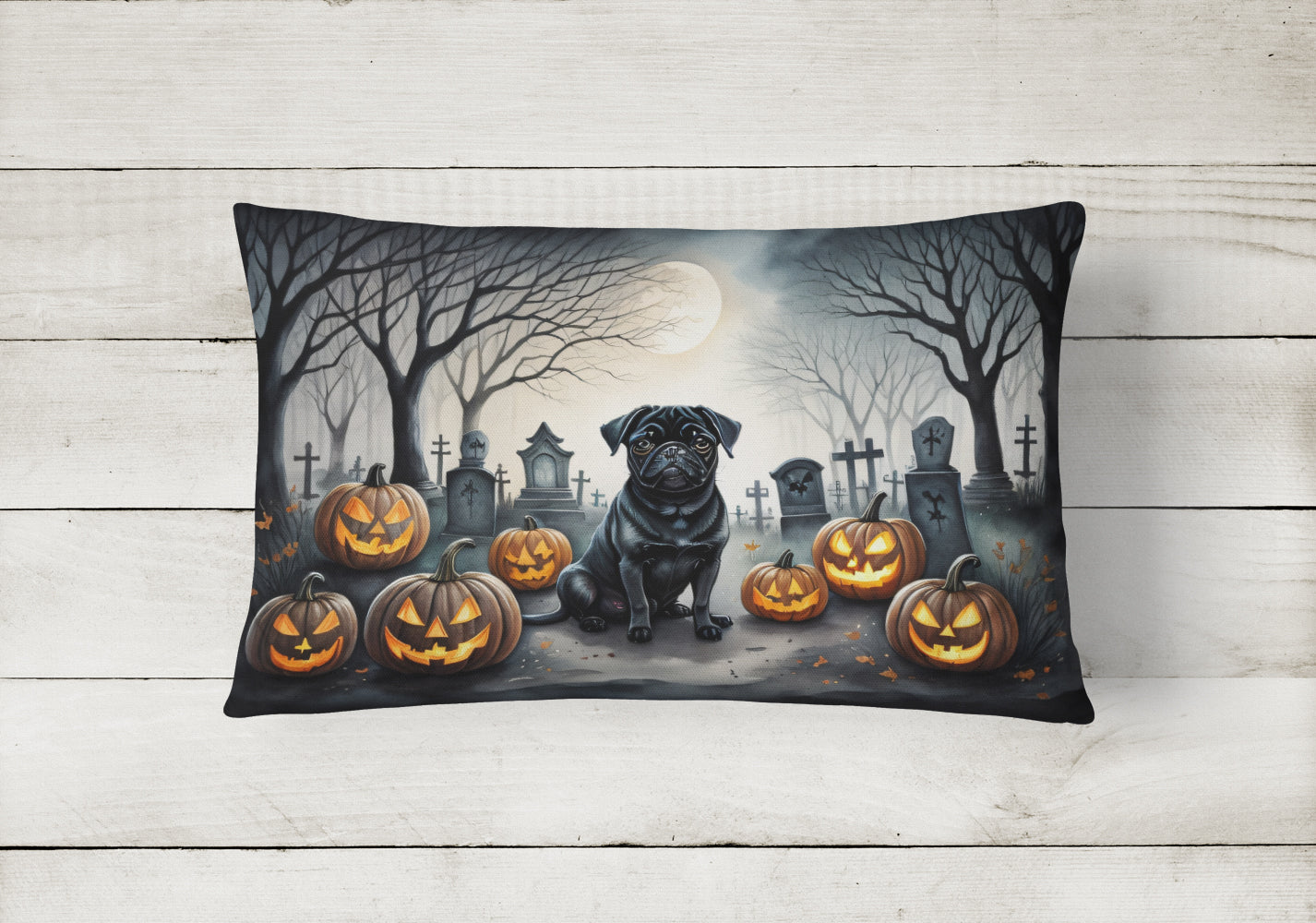 Black Pug Spooky Halloween Fabric Decorative Pillow