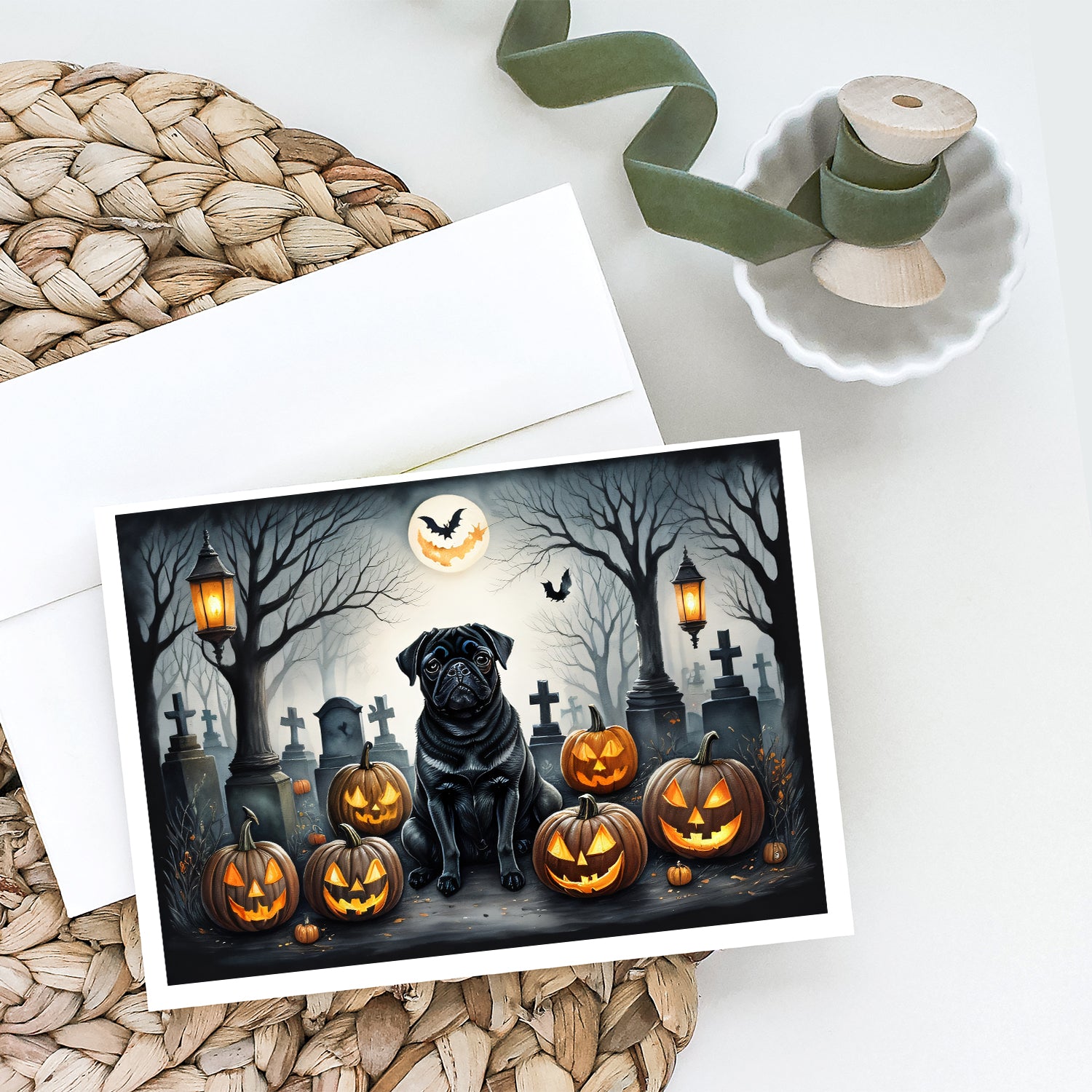 Black Pug Spooky Halloween Greeting Cards and Envelopes Pack of 8