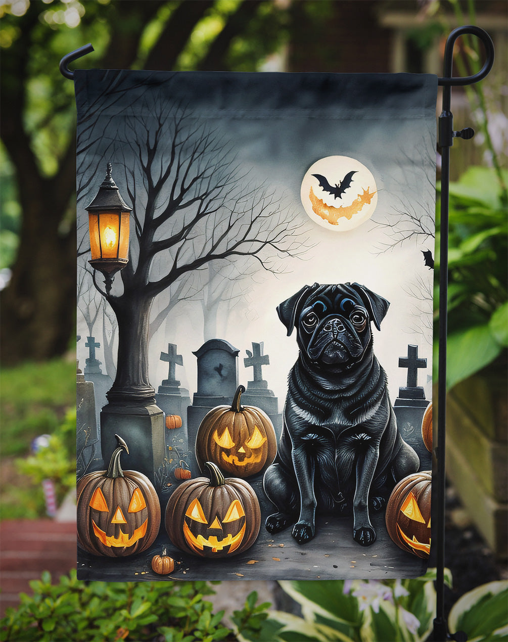 Black Pug Spooky Halloween Garden Flag
