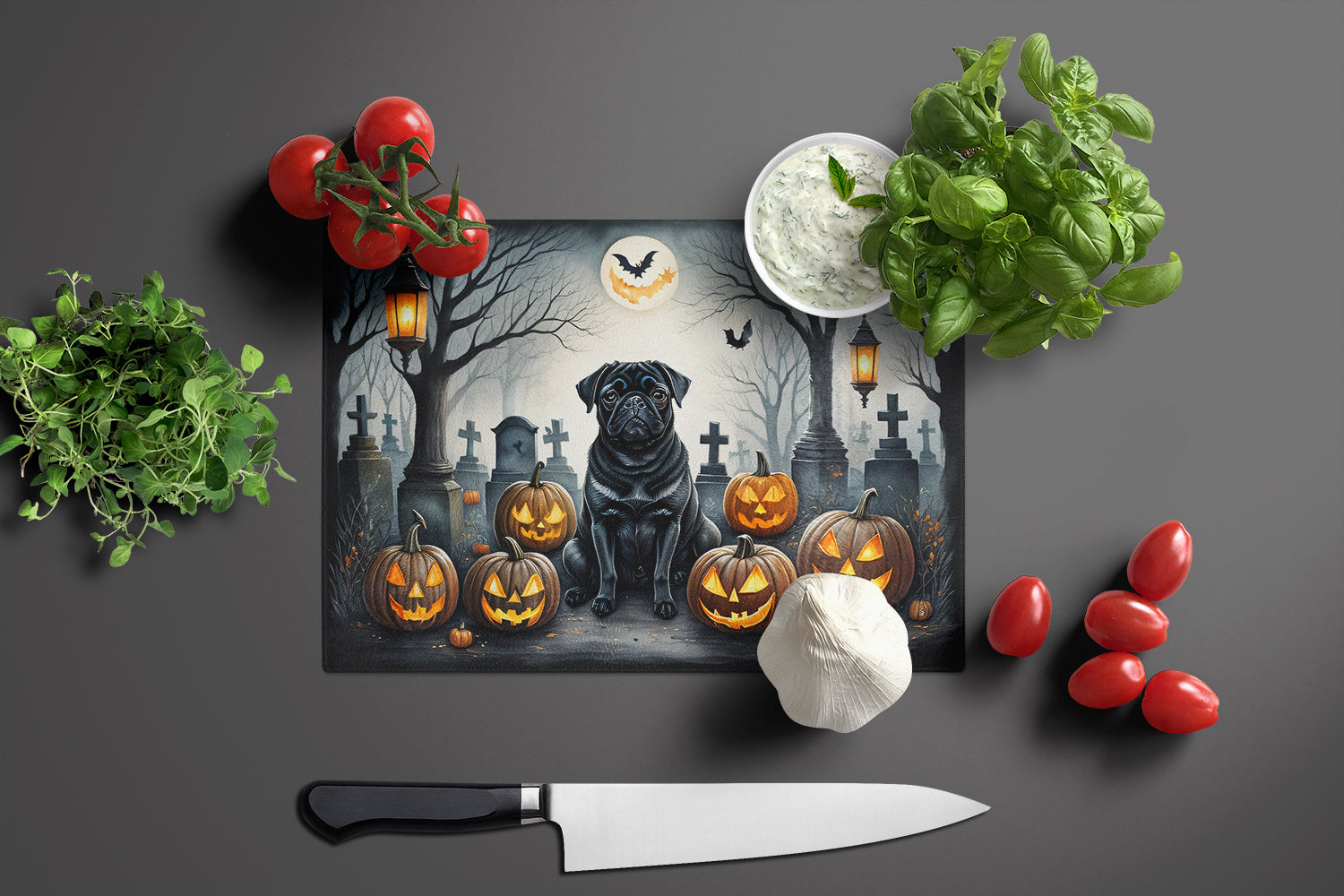 Black Pug Spooky Halloween Glass Cutting Board Large
