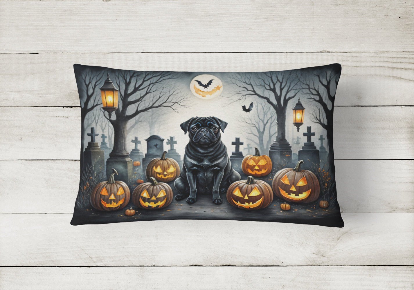 Black Pug Spooky Halloween Fabric Decorative Pillow