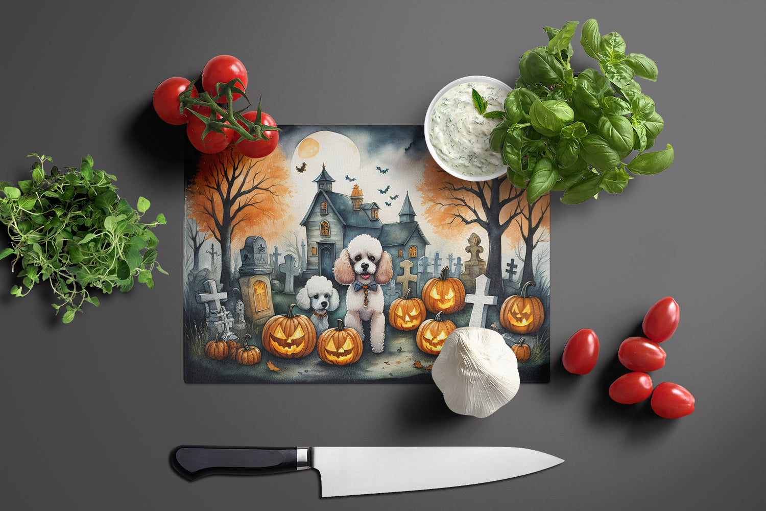 Poodle Spooky Halloween Glass Cutting Board Large