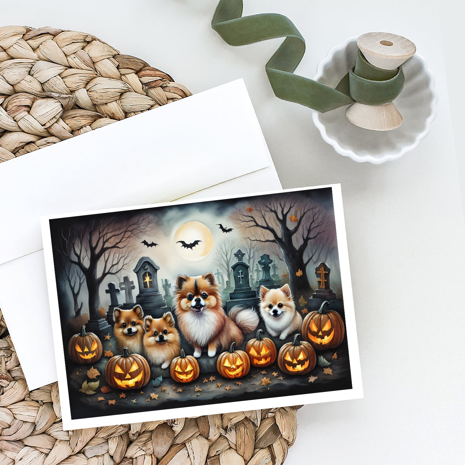 Pomeranian Spooky Halloween Greeting Cards and Envelopes Pack of 8