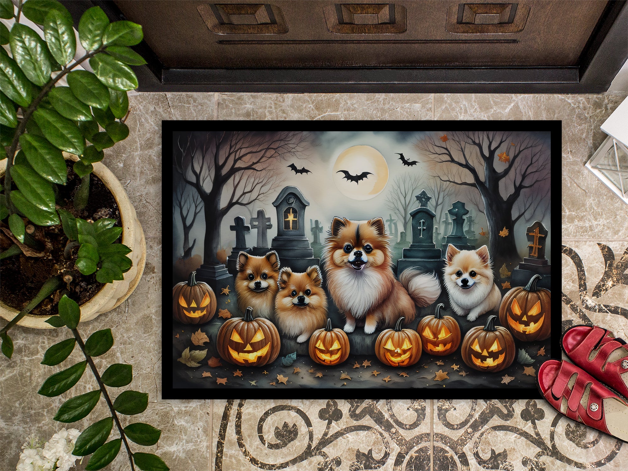 Pomeranian Spooky Halloween Indoor or Outdoor Mat 24x36
