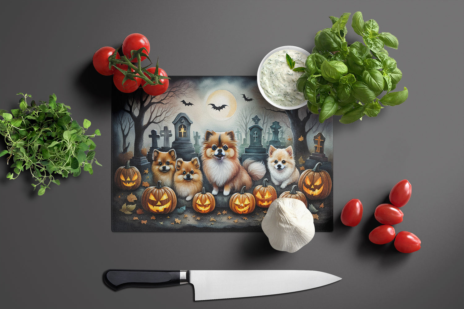Pomeranian Spooky Halloween Glass Cutting Board Large