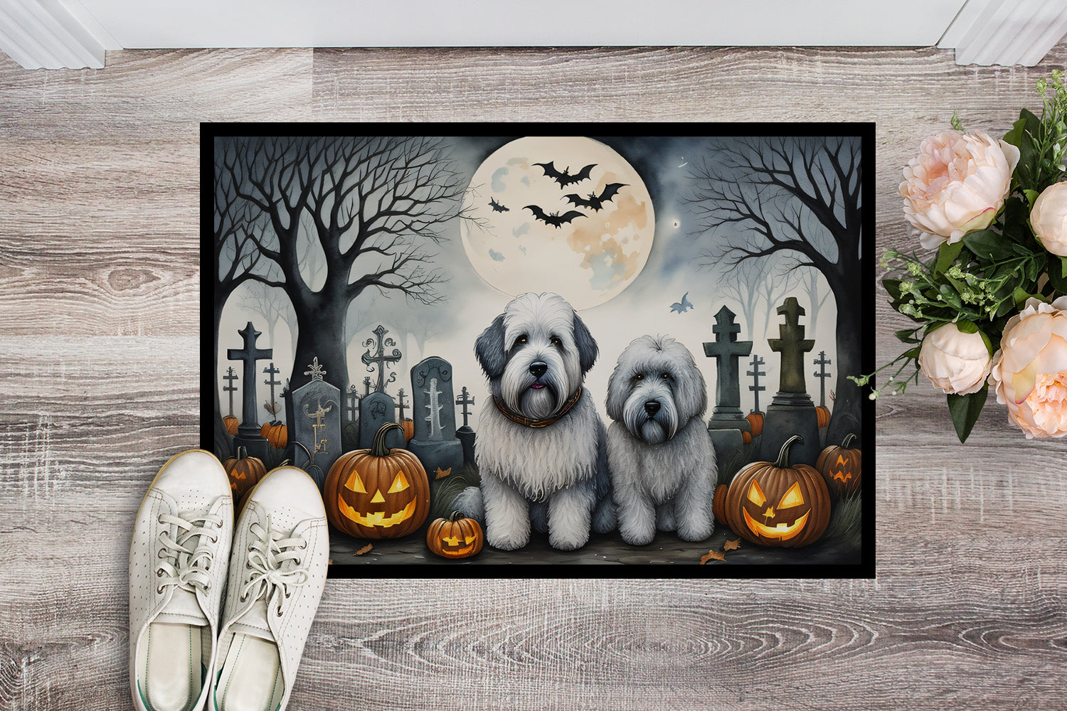 Old English Sheepdog Spooky Halloween Indoor or Outdoor Mat 24x36