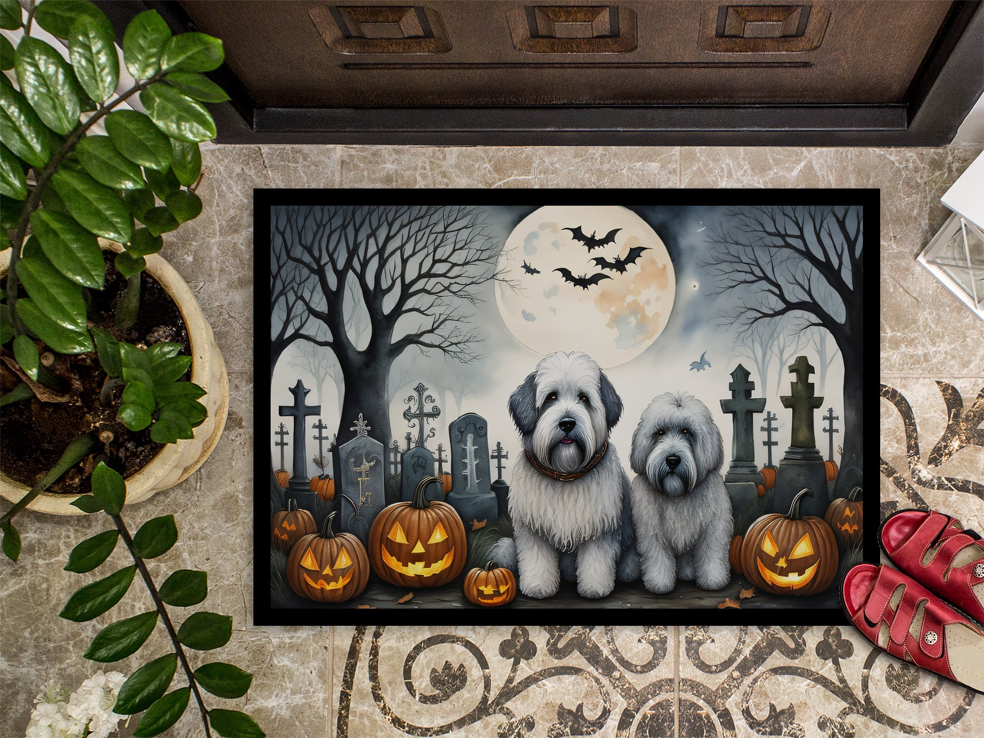 Old English Sheepdog Spooky Halloween Indoor or Outdoor Mat 24x36