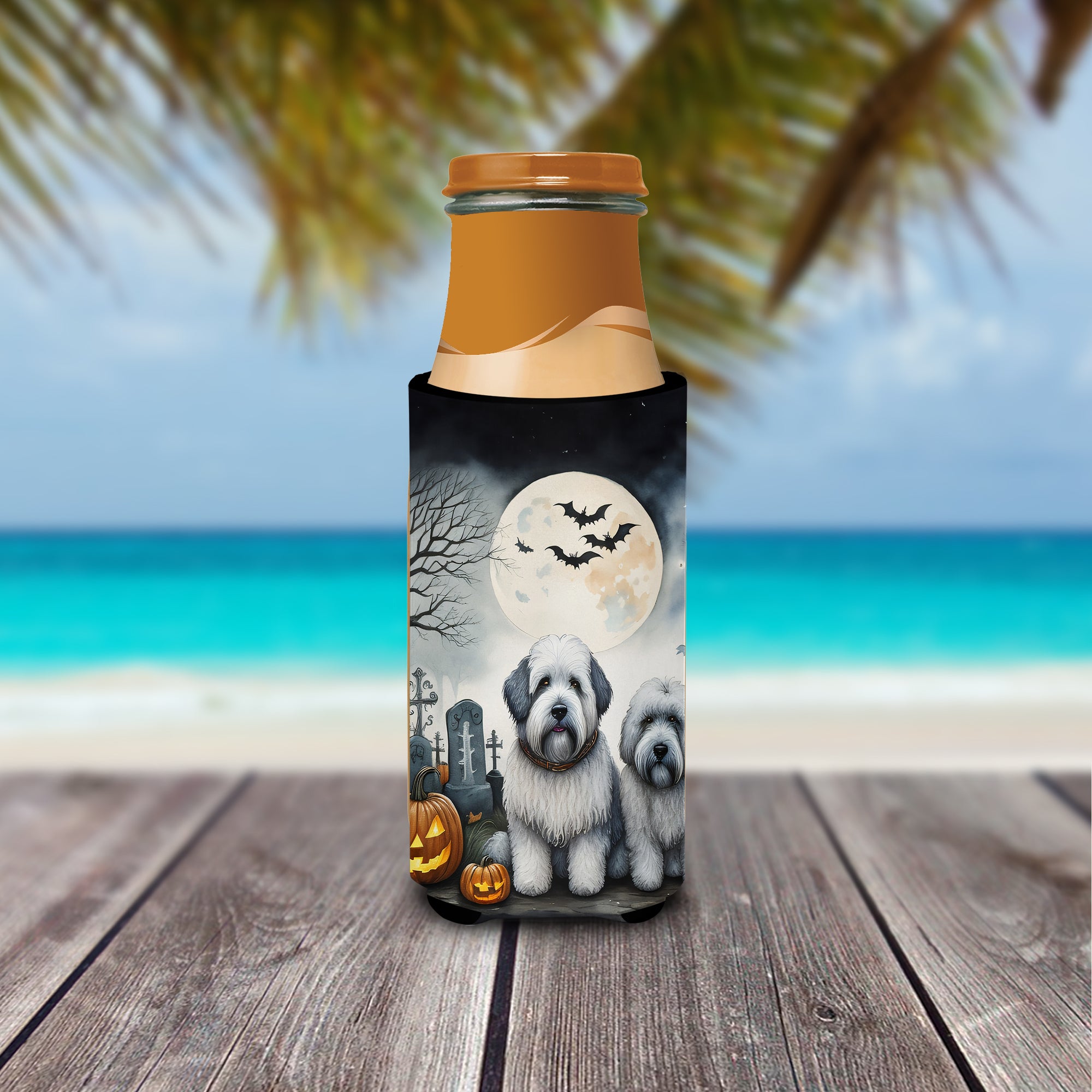 Old English Sheepdog Spooky Halloween Hugger for Ultra Slim Cans