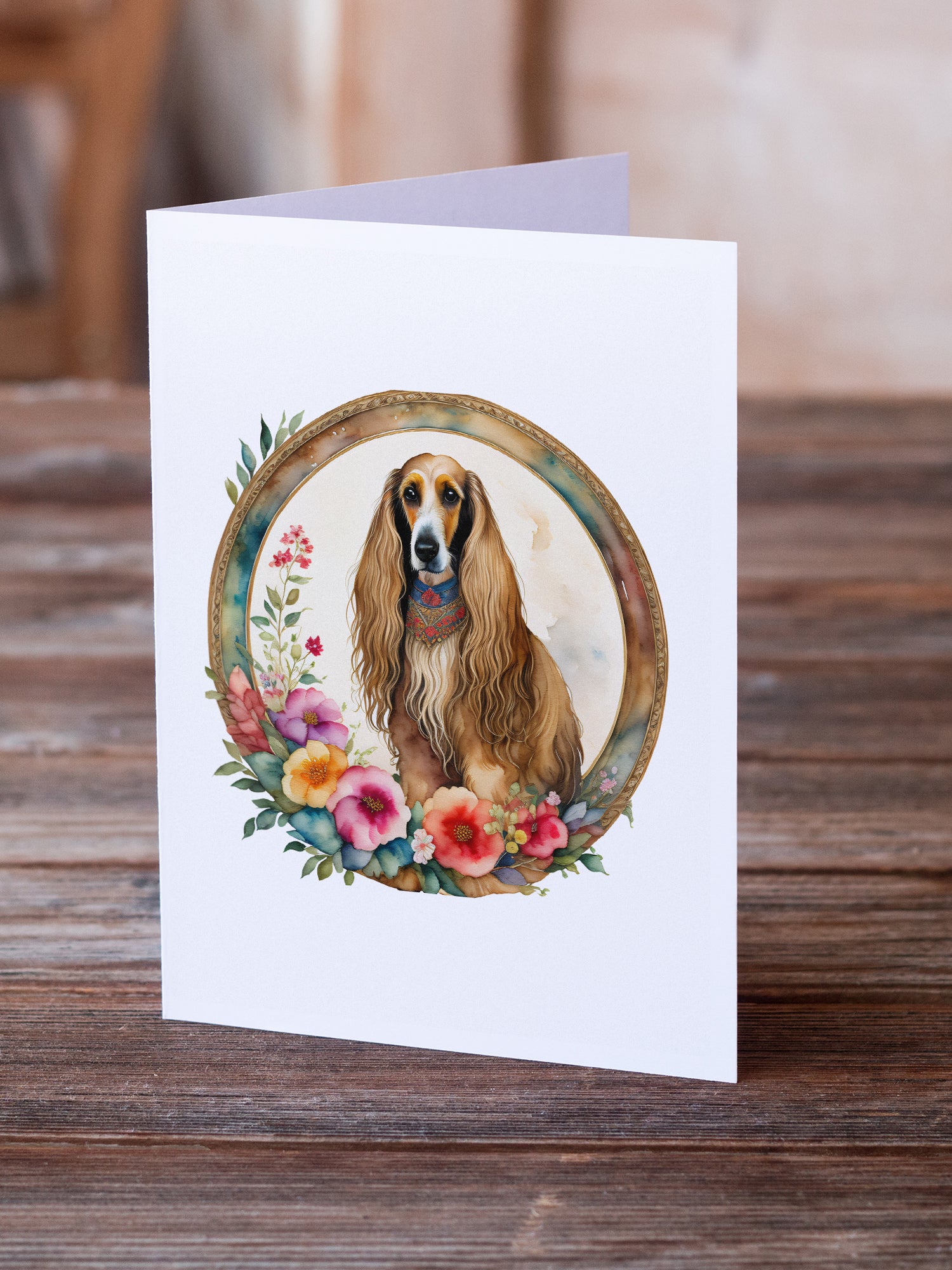 Afghan Hound and Flowers Greeting Cards and Envelopes Pack of 8