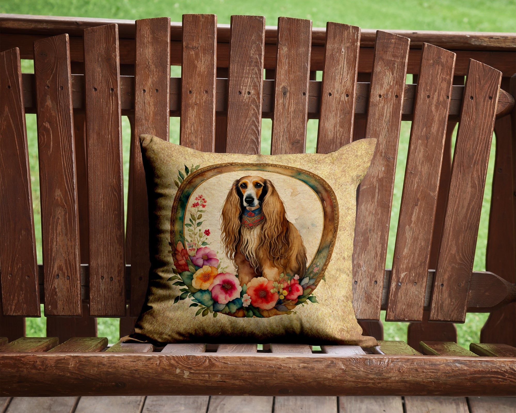 Afghan Hound and Flowers Fabric Decorative Pillow