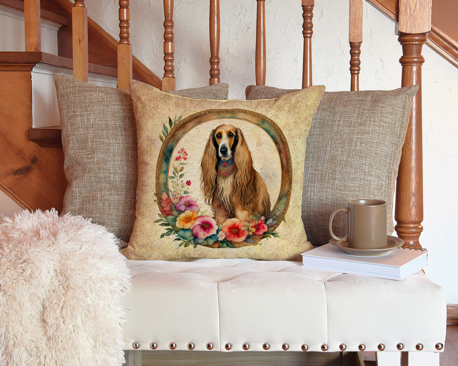 Afghan Hound and Flowers Fabric Decorative Pillow