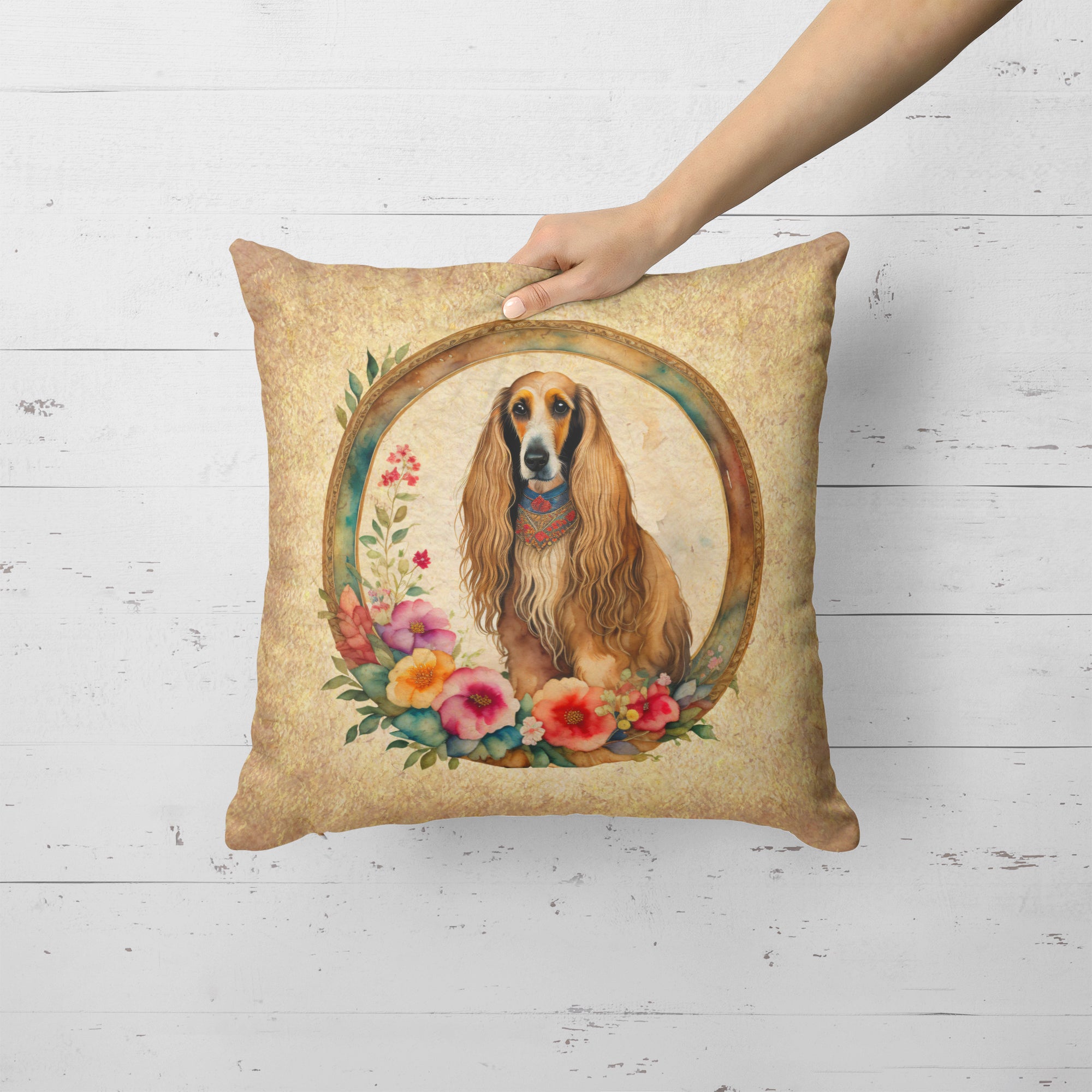 Buy this Afghan Hound and Flowers Fabric Decorative Pillow