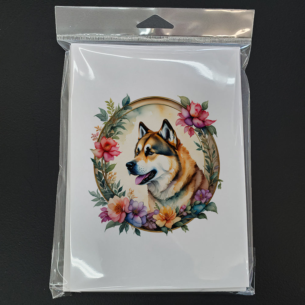 Akita and Flowers Greeting Cards and Envelopes Pack of 8