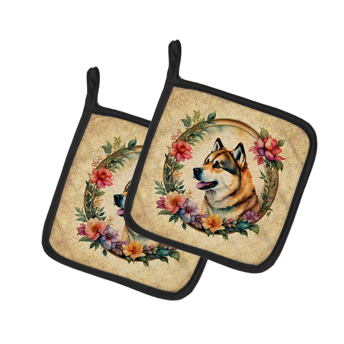 Buy this Akita and Flowers Pair of Pot Holders
