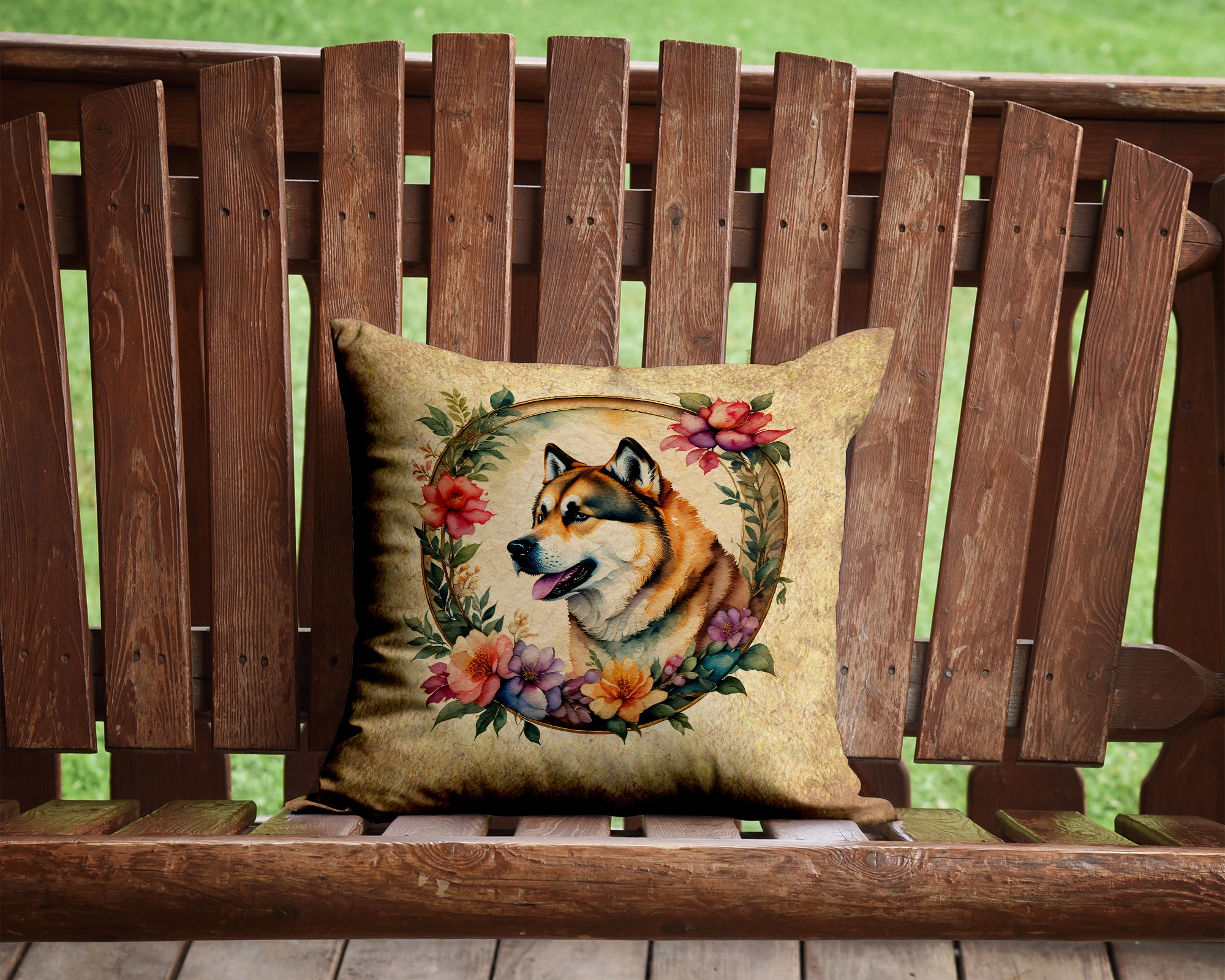 Buy this Akita and Flowers Fabric Decorative Pillow