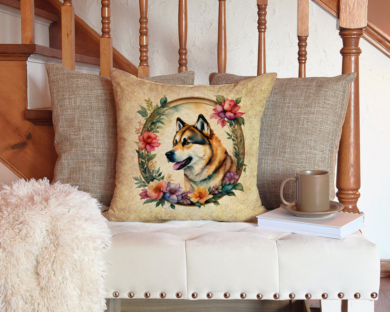 Akita and Flowers Fabric Decorative Pillow