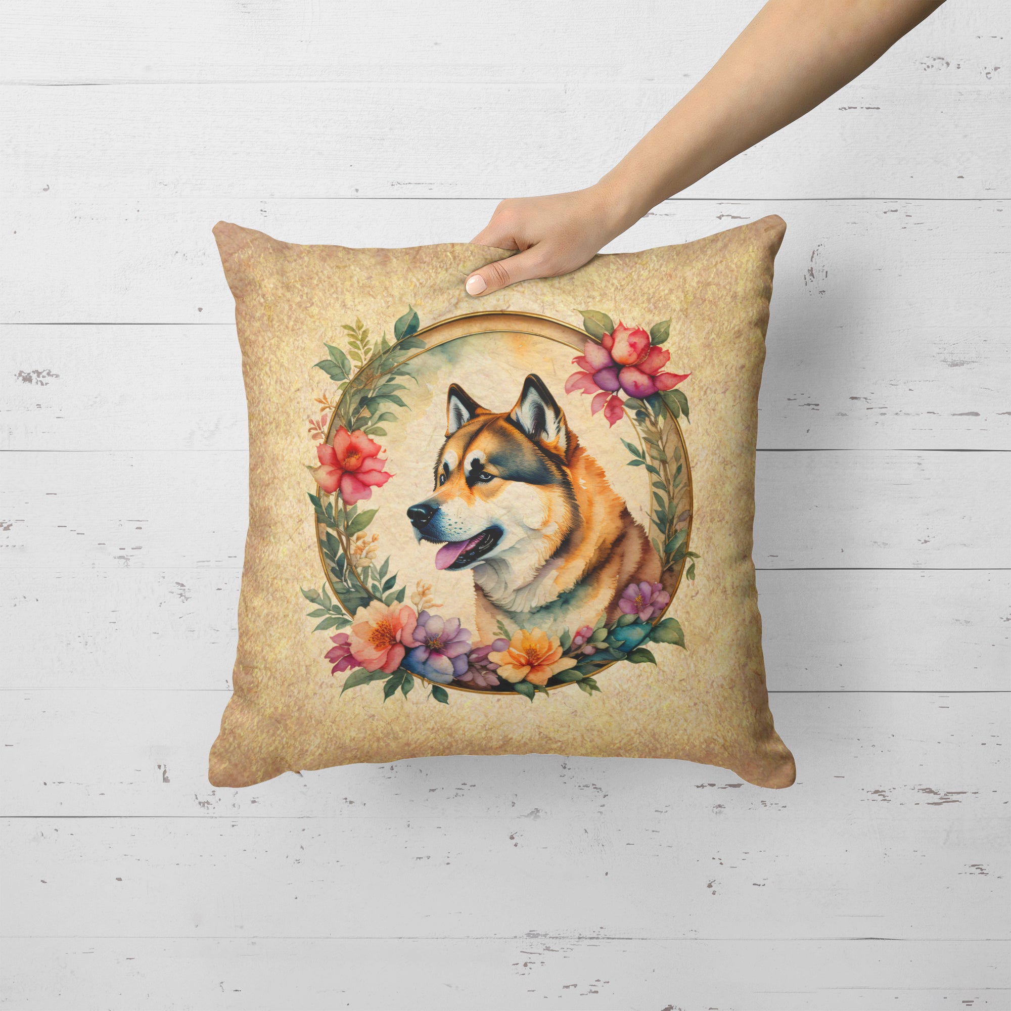 Buy this Akita and Flowers Fabric Decorative Pillow