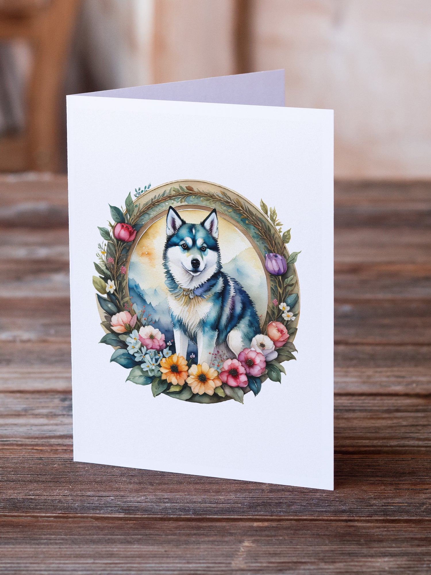 Alaskan Klee Kai and Flowers Greeting Cards and Envelopes Pack of 8
