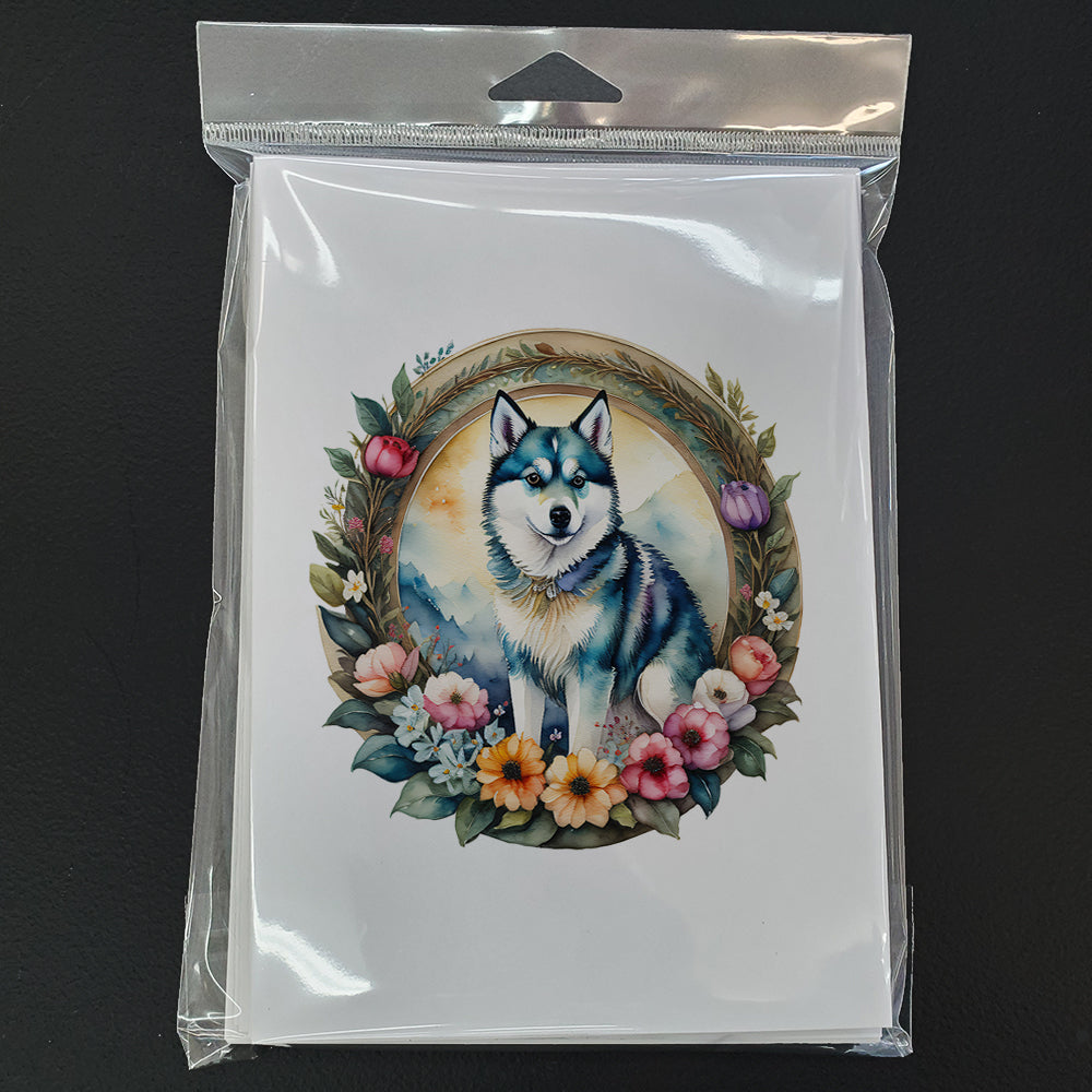 Alaskan Klee Kai and Flowers Greeting Cards and Envelopes Pack of 8